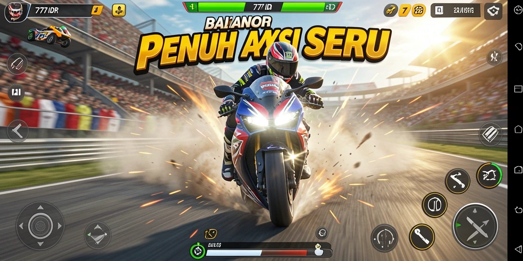 Screenshot gameplay menampilkan aksi balapan motor yang mendebarkan.