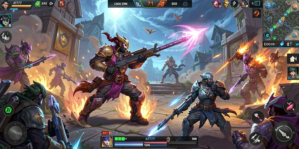 Tangkapan layar utama AT777 menampilkan pertempuran seru di arena MOBA.