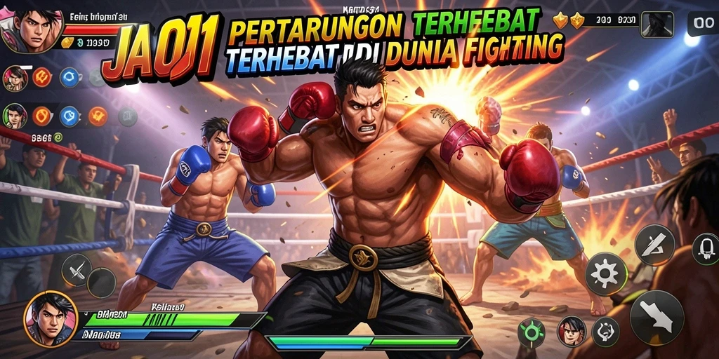 Screenshot gameplay JAGO11 dengan pertarungan seru dan karakter beragam.