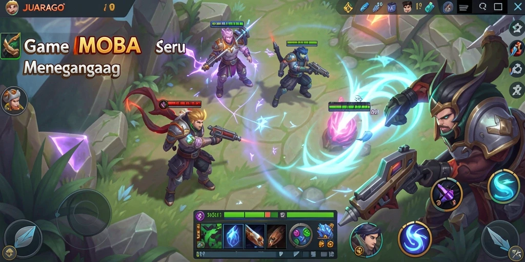 Screenshot utama JUARAGO menampilkan aksi pertarungan seru dalam gameplay MOBA.